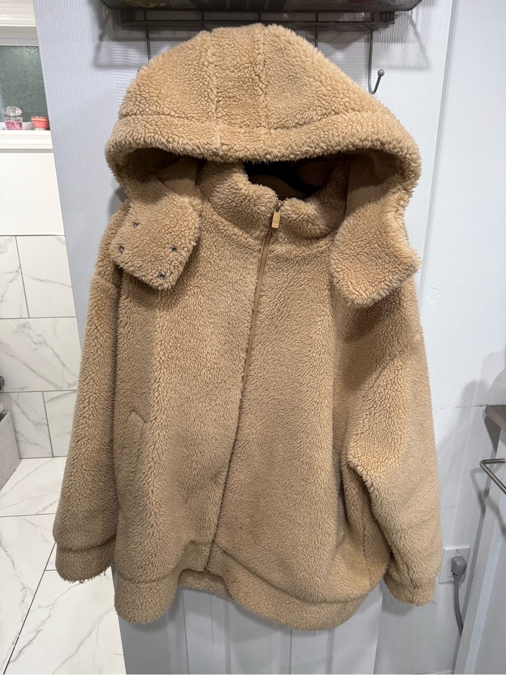 Womens Cozy Hooded Teddy Jacket - Camel